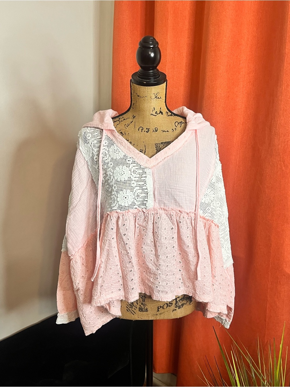 POL Lace-Paneled Eyelet Hooded Peplum Top